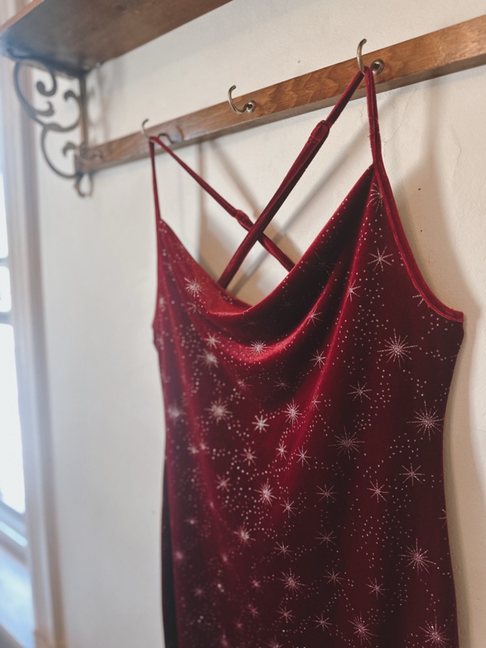 SHEIN Red Velvet Star-Embellished Slip Dress
